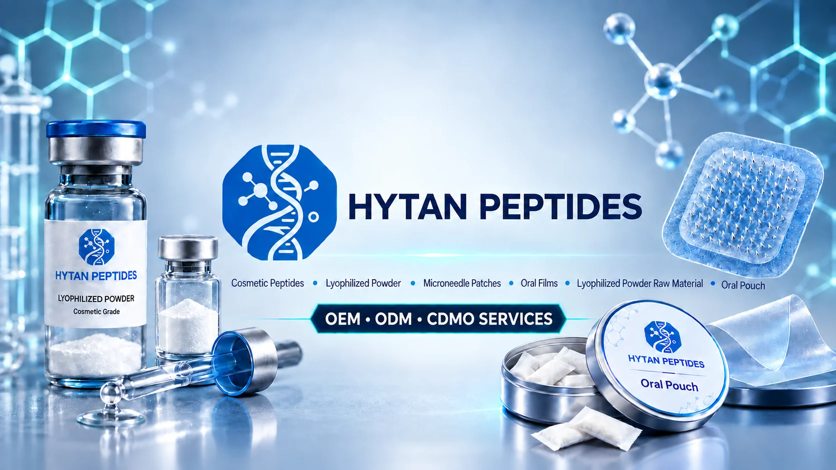 Hytan Peptides portfolio across peptide powder, microneedle, oral film and pouch concepts